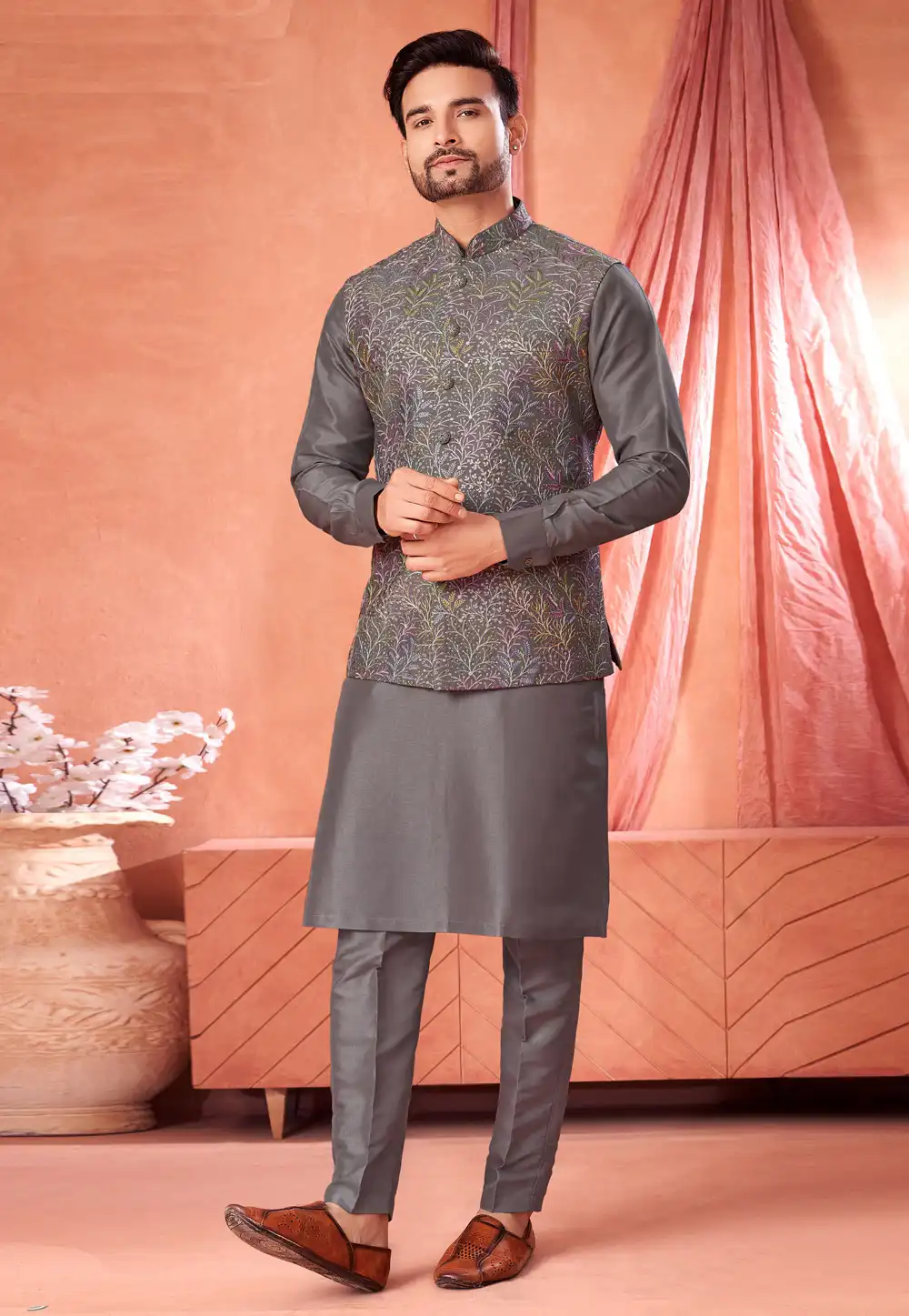 Grey Art Silk Kurta Pajama With Jacket 322322