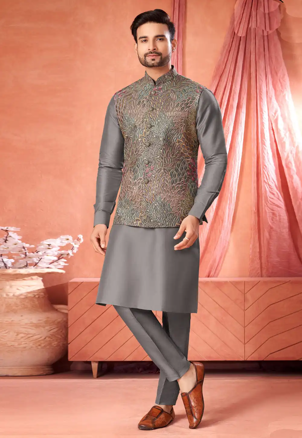 Grey Art Silk Kurta Pajama With Jacket 322330