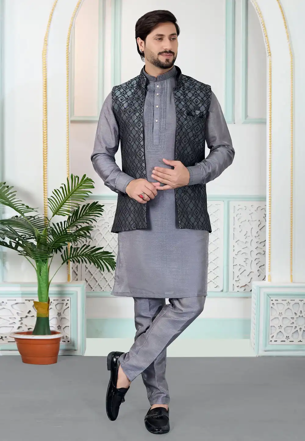 Grey Art Silk Kurta Pajama With Jacket 323375