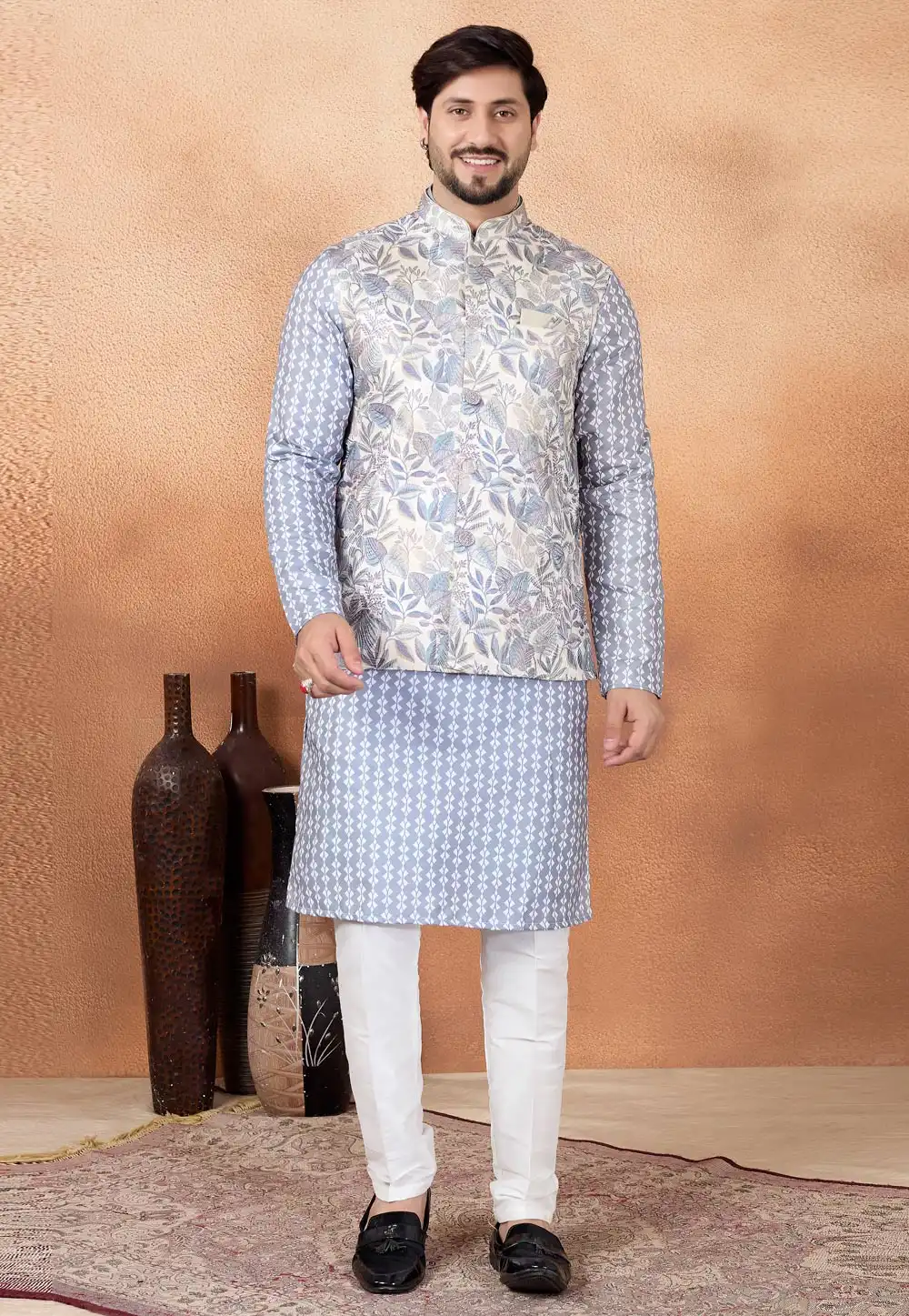 Grey Art Silk Kurta Pajama With Jacket 327070