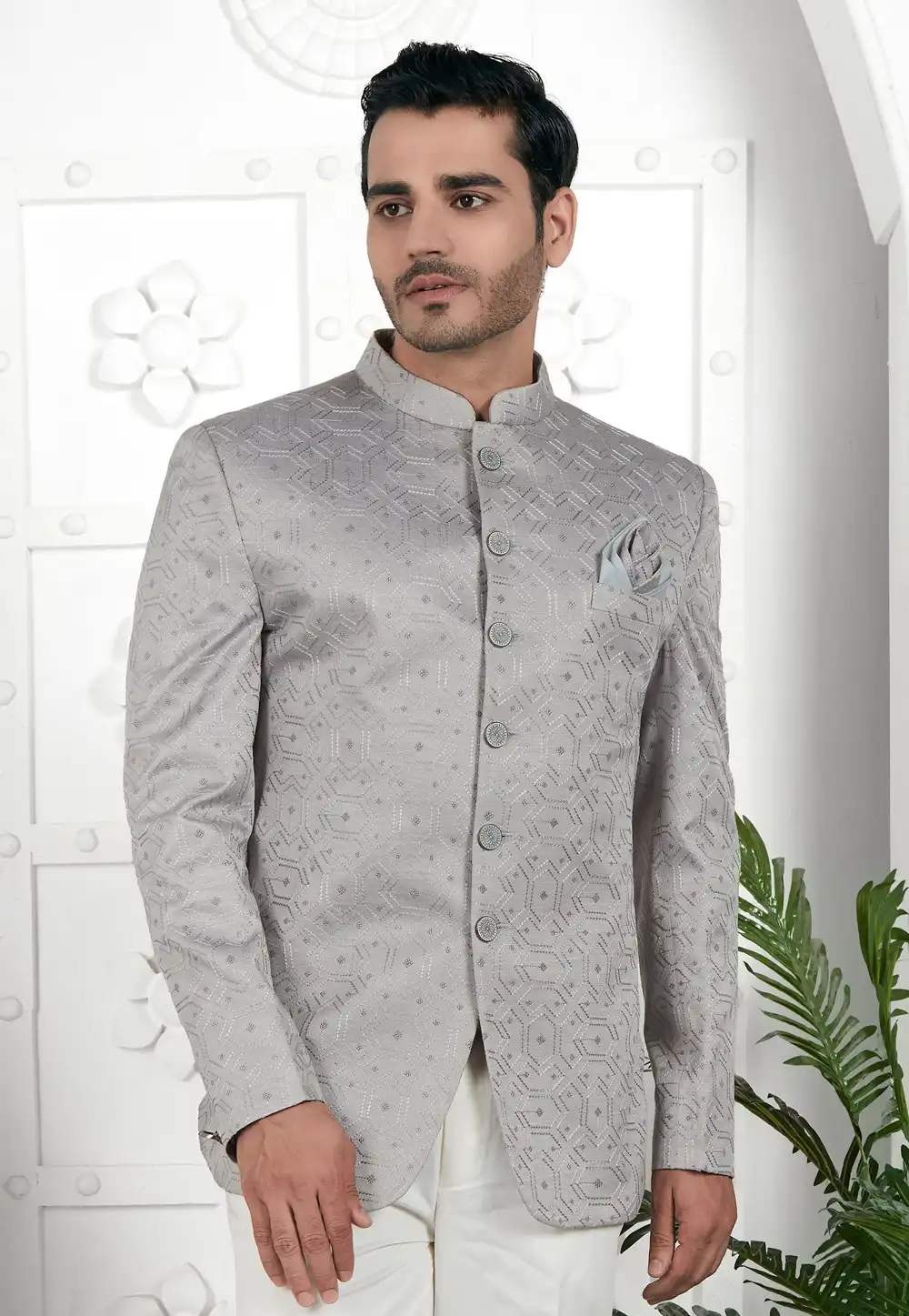 Grey Art Silk Bandhgala Jacket 280375