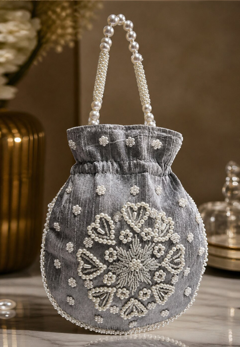 Grey Art Silk Potli Bags 329286