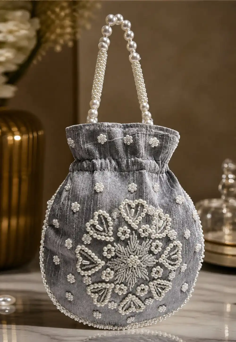 Grey Art Silk Potli Bags 329286