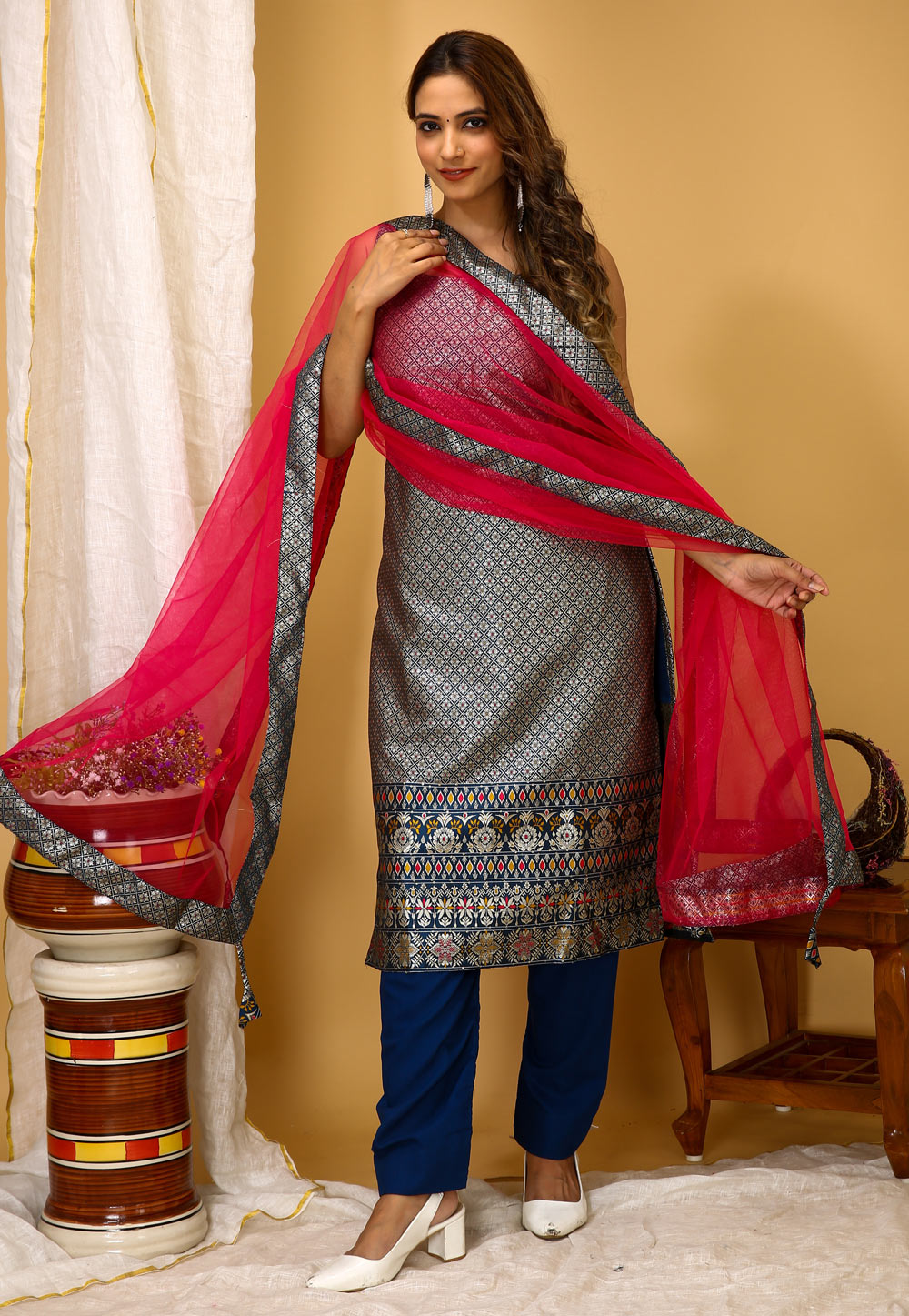 Grey Art Silk Readymade Pant Style Suit 280405