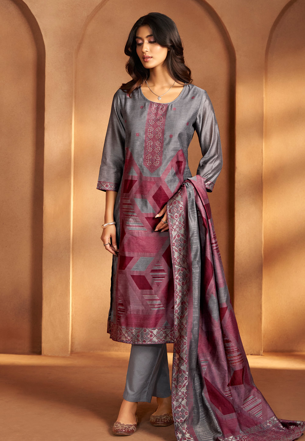 Grey Art Silk Readymade Pant Style Suit 321857