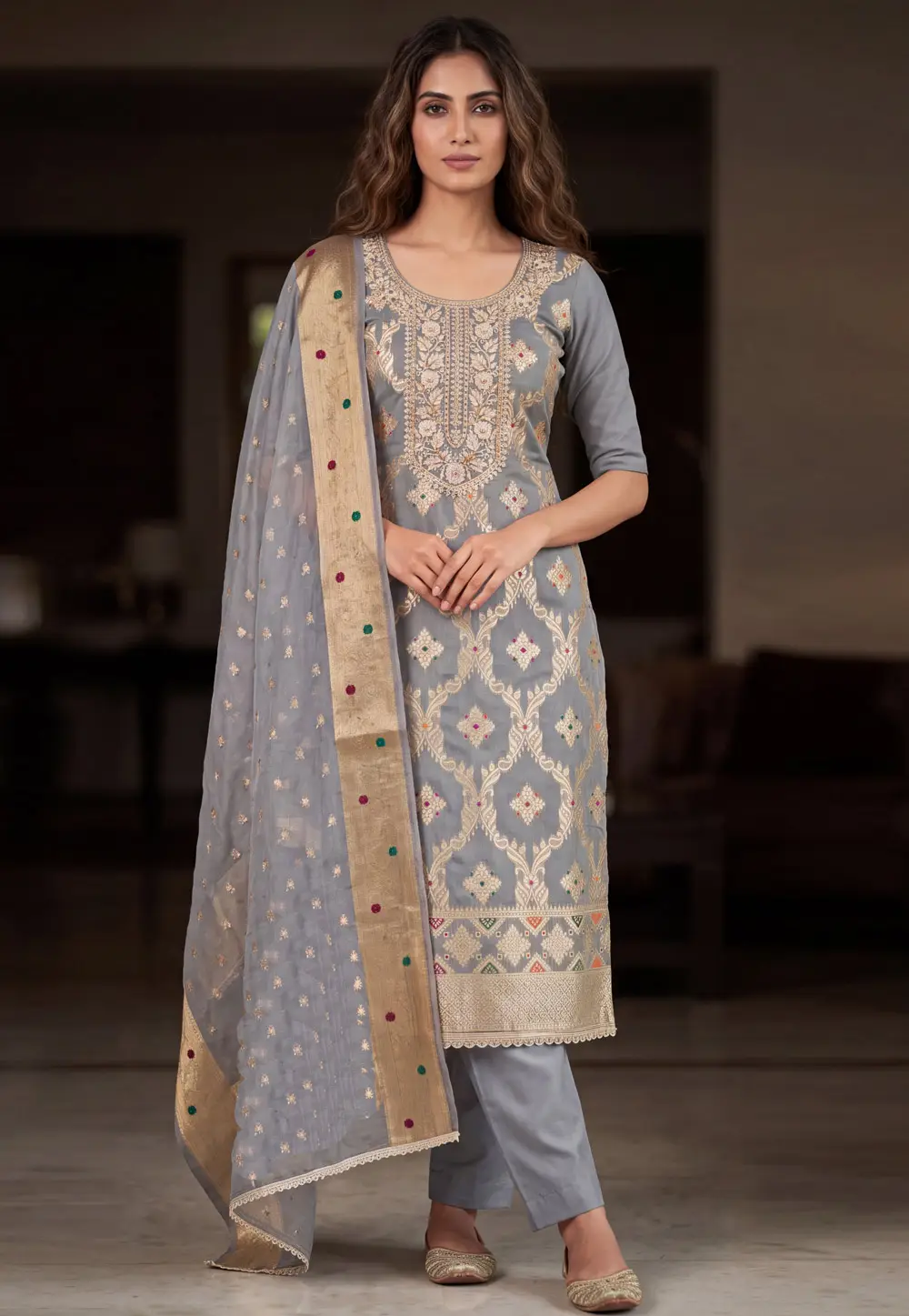 Grey Banarasi Cotton Pant Style Suit 335481