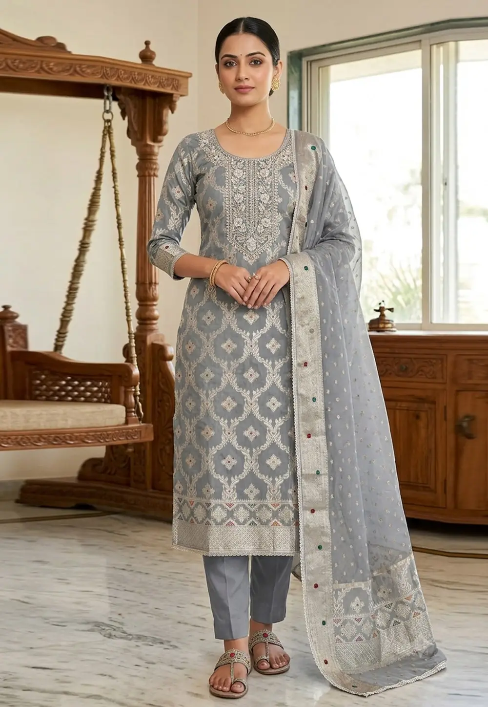 Grey Banarasi Cotton Straight Suit 335361