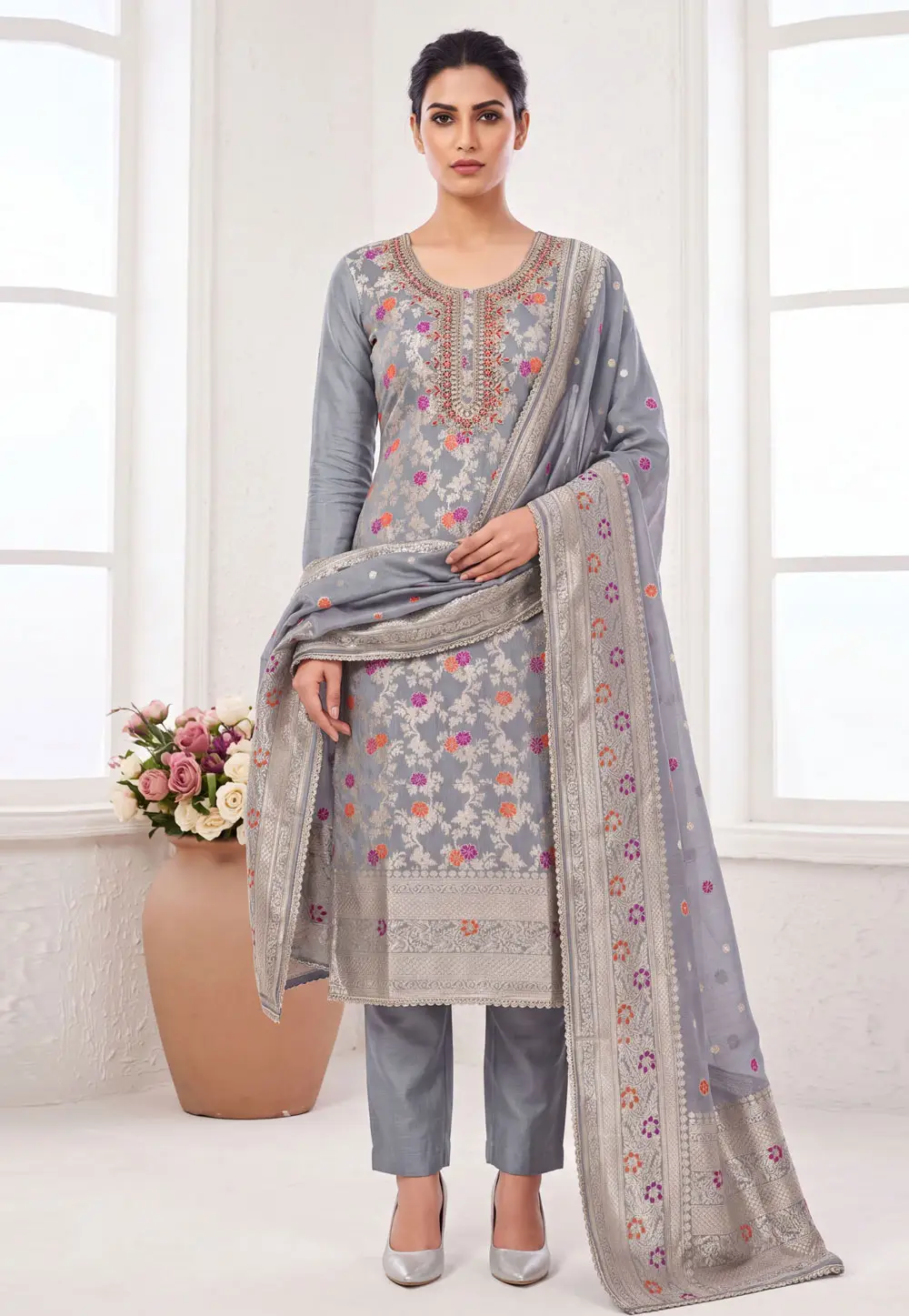 Grey Banarasi Cotton Straight Suit 335543
