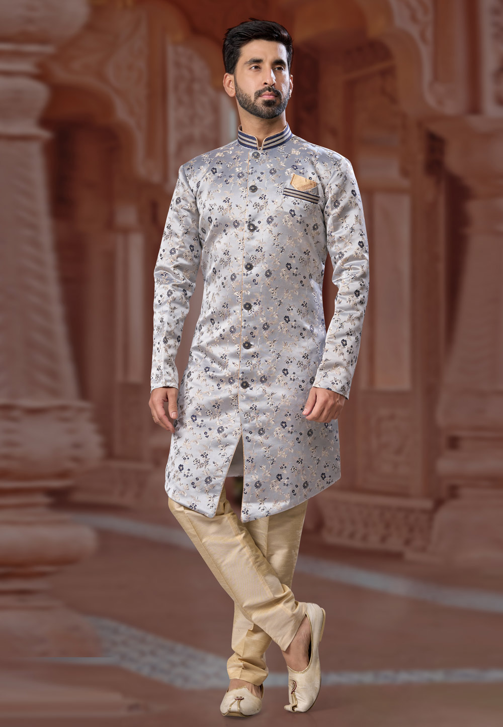 Grey Banarasi Jacquard Indo Western Sherwani 282243