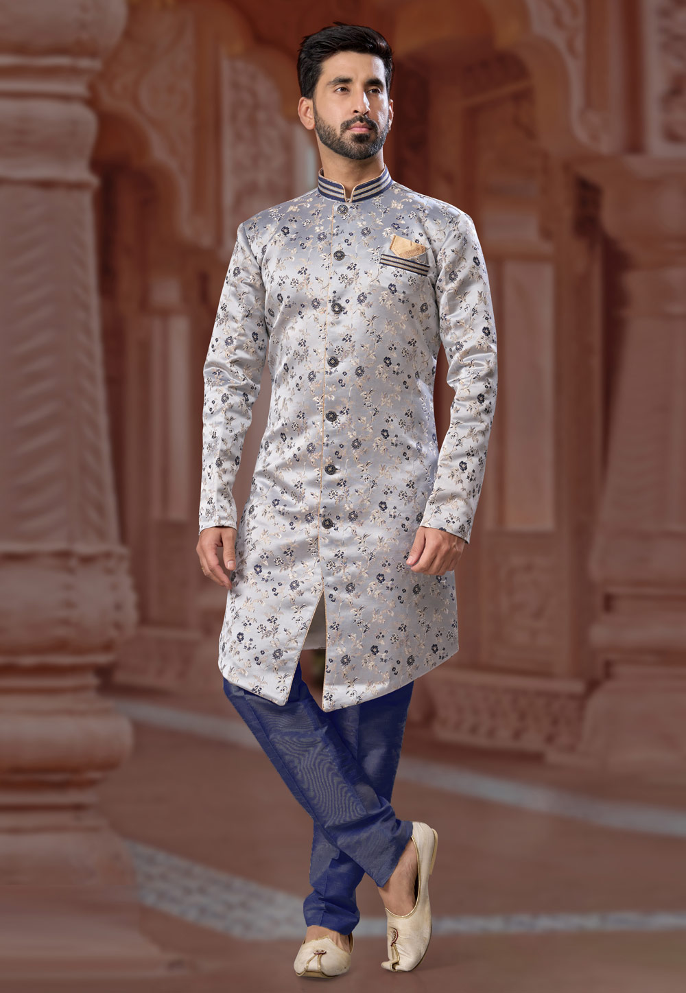 Grey Banarasi Jacquard Indo Western Sherwani 282264