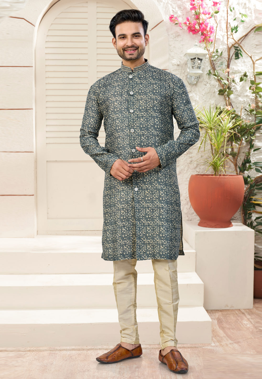 Grey Banarasi Jacquard Indo Western Suit 324617