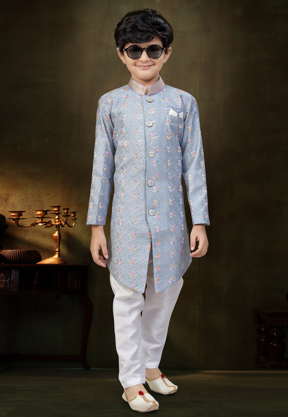 Grey Banarasi Jacquard Kids Indo Western Suit 324279
