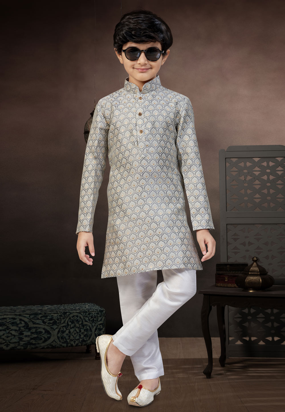 Grey Banarasi Jacquard Kids Kurta Pajama 324283