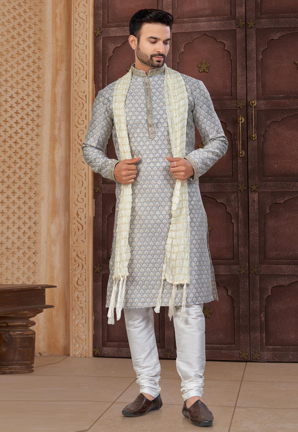 Grey Banarasi Jacquard Kurta Pajama 317860