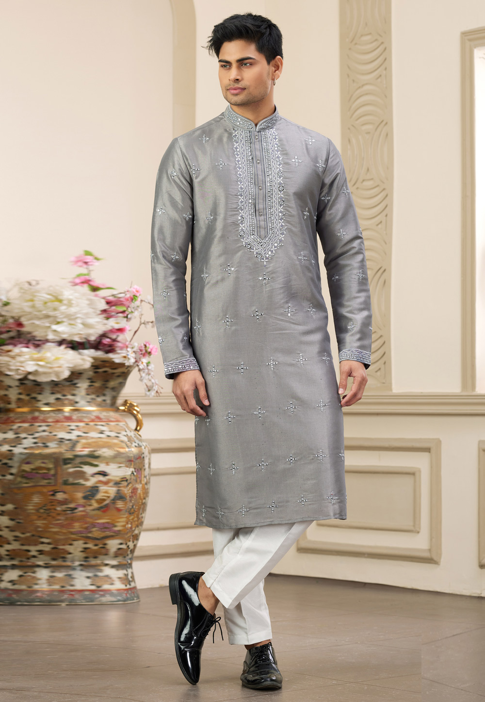 Grey Banarasi Kurta Pajama 308571