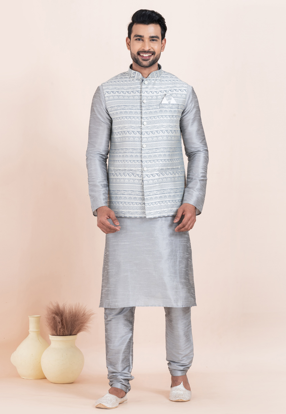 Grey Banarasi Silk Kurta Pajama With Jacket 304825
