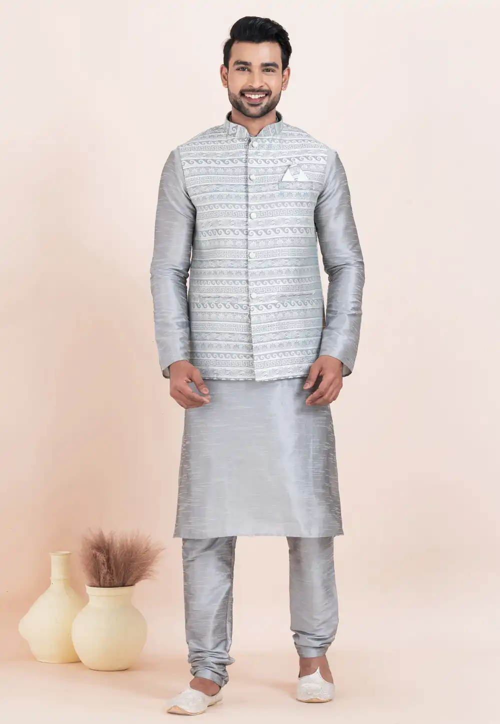 Grey Banarasi Silk Kurta Pajama With Jacket 304825
