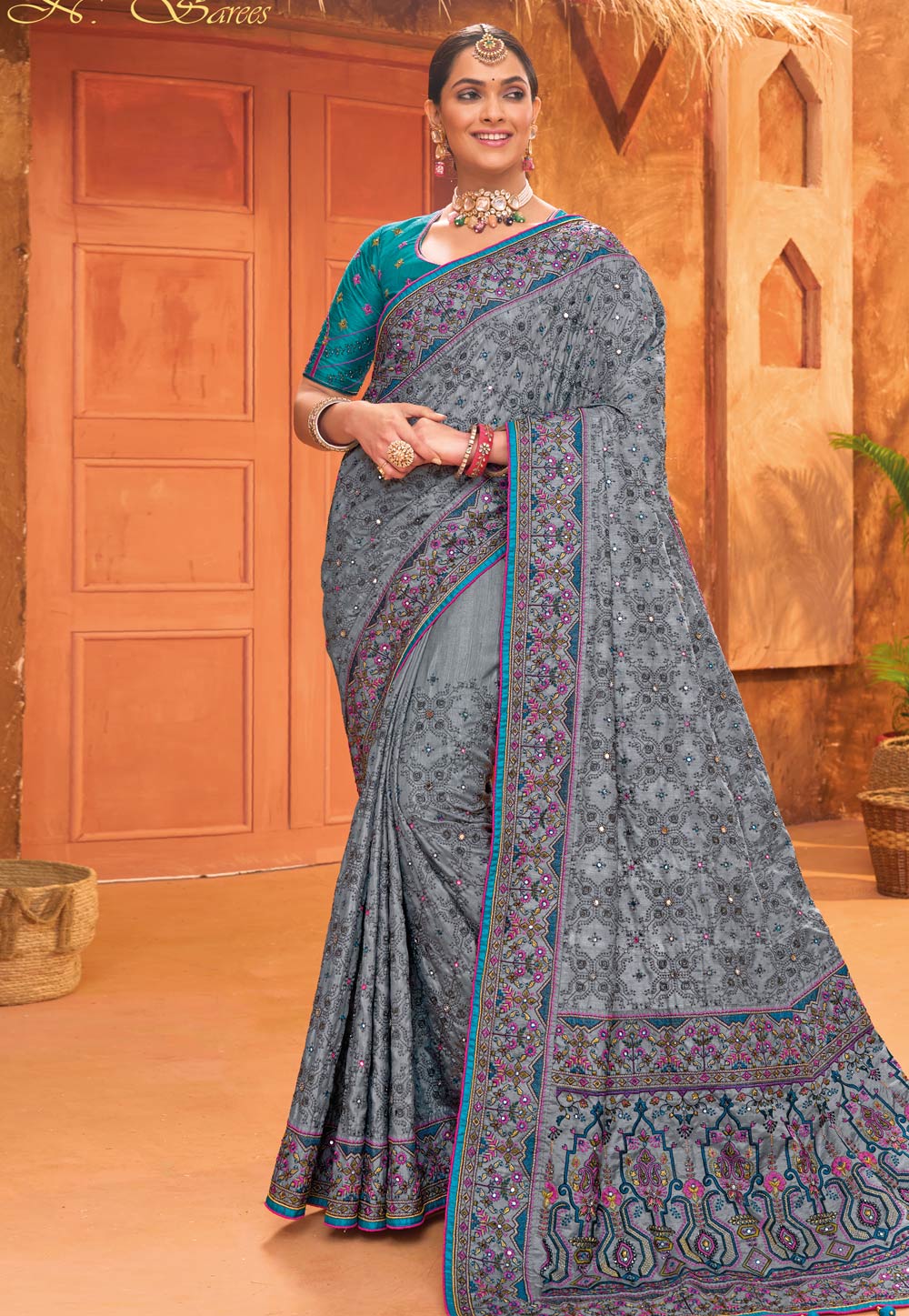 Grey Banarasi Silk Mirror Work Saree 282000