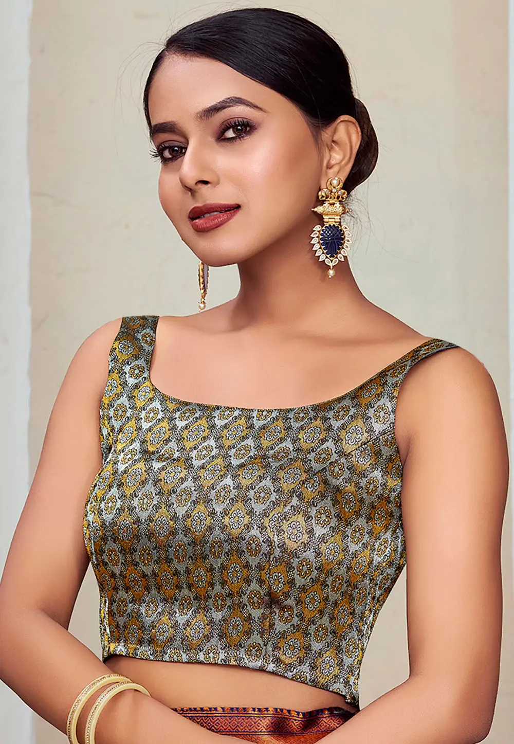 Grey Banarasi Silk Readymade Blouse 333214