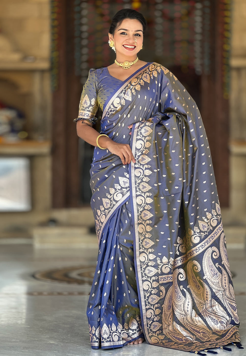 Grey Banarasi Silk Saree With Blouse 307744