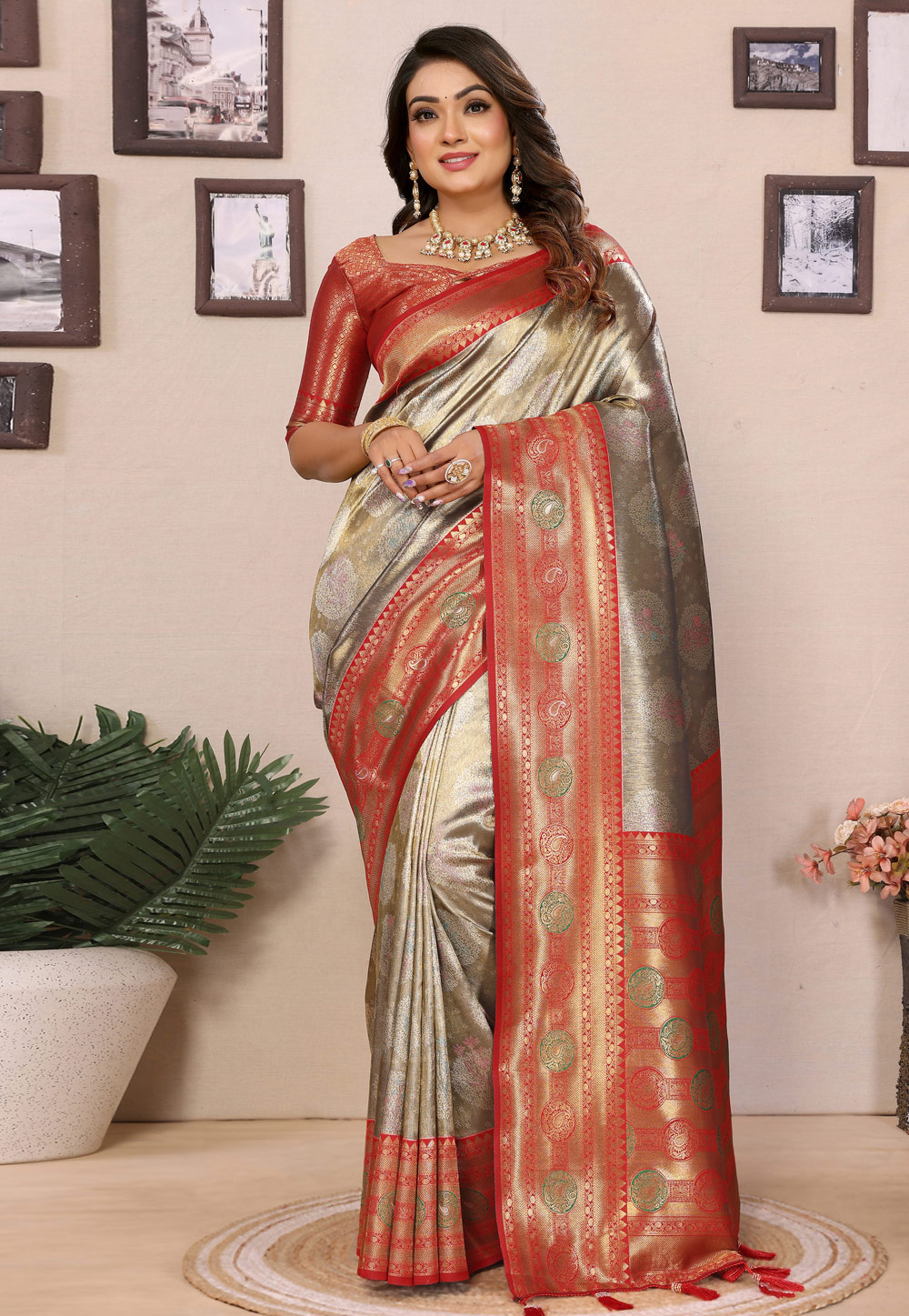 Grey Banarasi Silk Saree With Blouse 306964