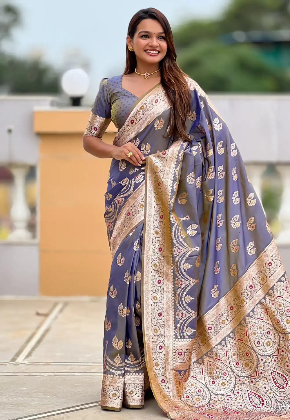 Grey Banarasi Silk Saree With Blouse 314770