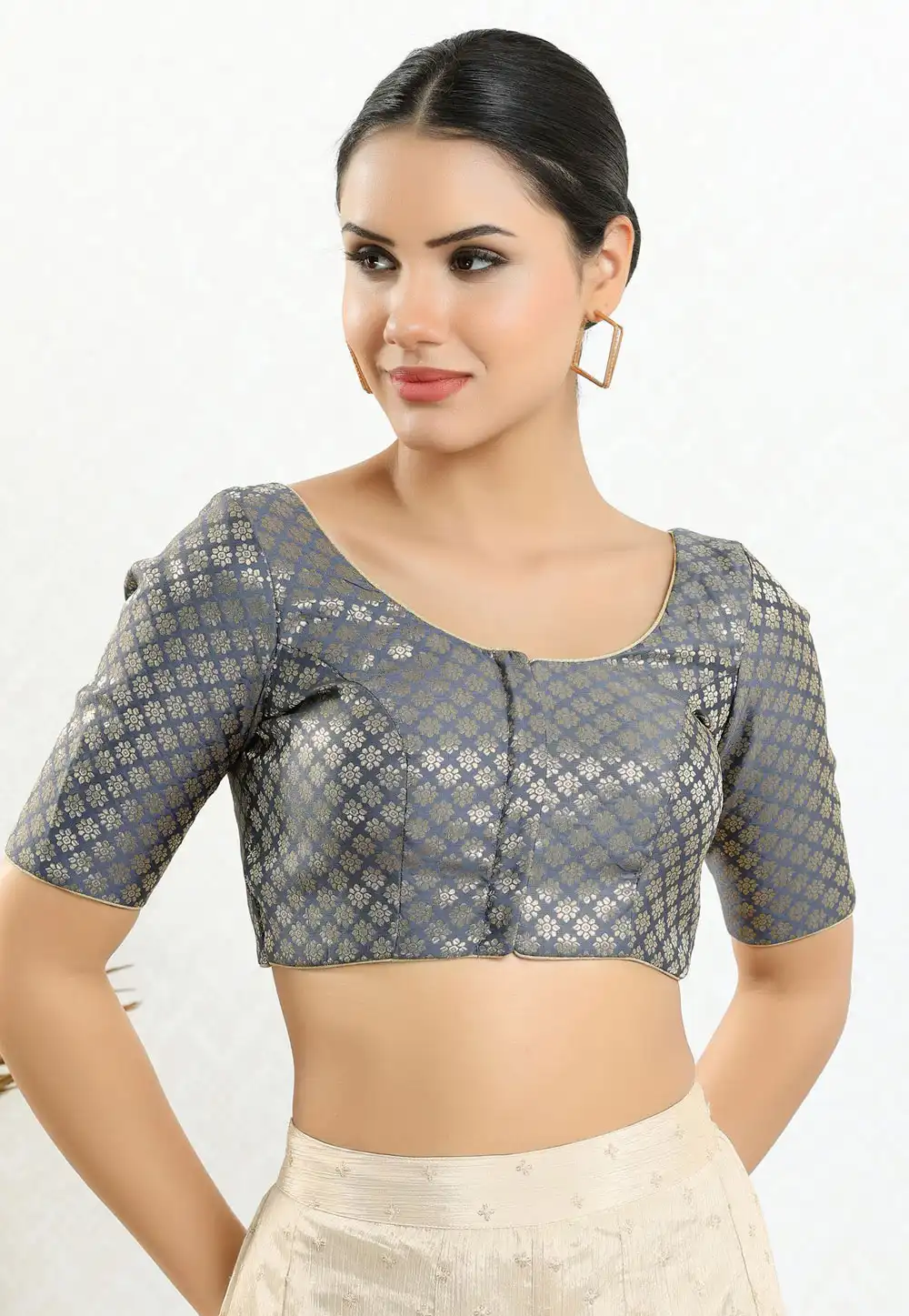 Grey Brocade Readymade Blouse 313771