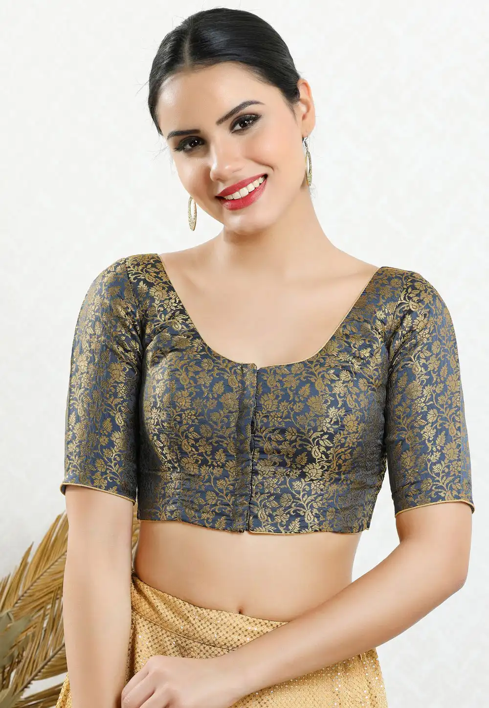 Grey Brocade Readymade Blouse 313780