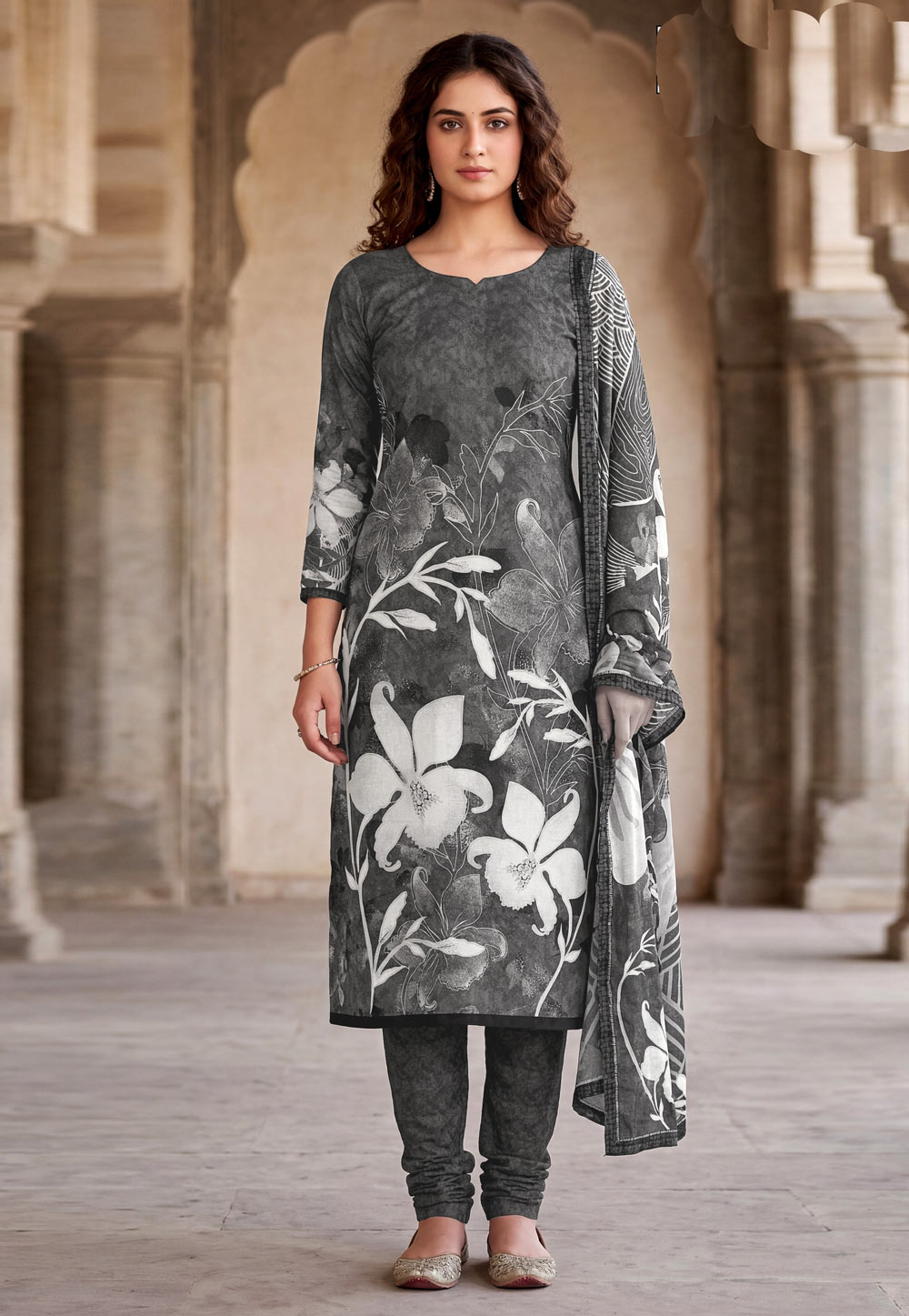 Grey Cambric Cotton Churidar Suit 328338
