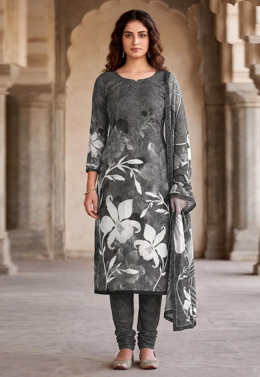Grey Cambric Cotton Churidar Suit 328338