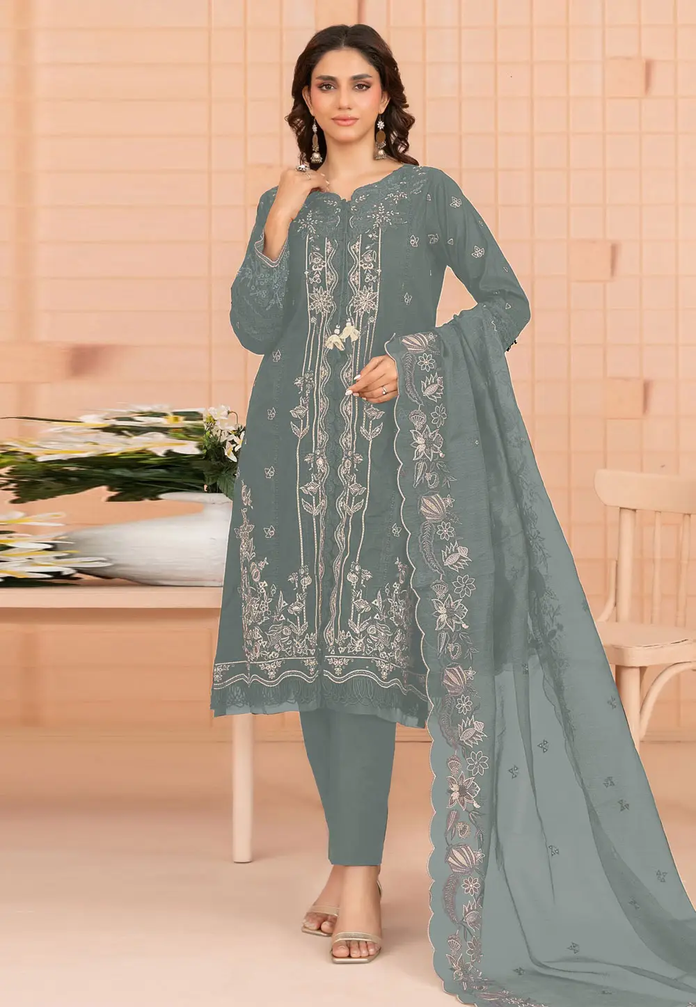 Grey Cambric Cotton Pakistani Suit 333338