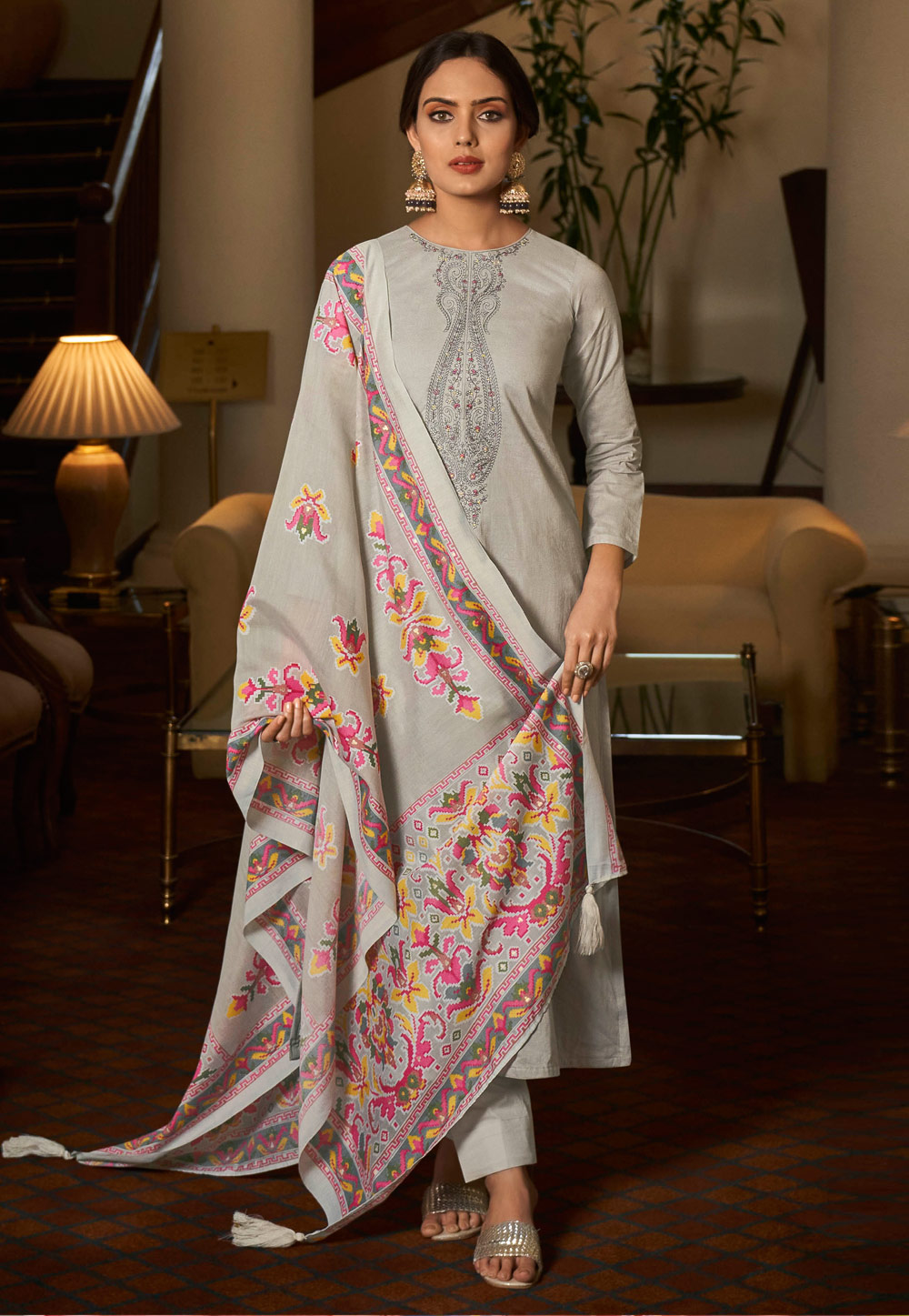 Grey Cambric Cotton Pakistani Suit 328877