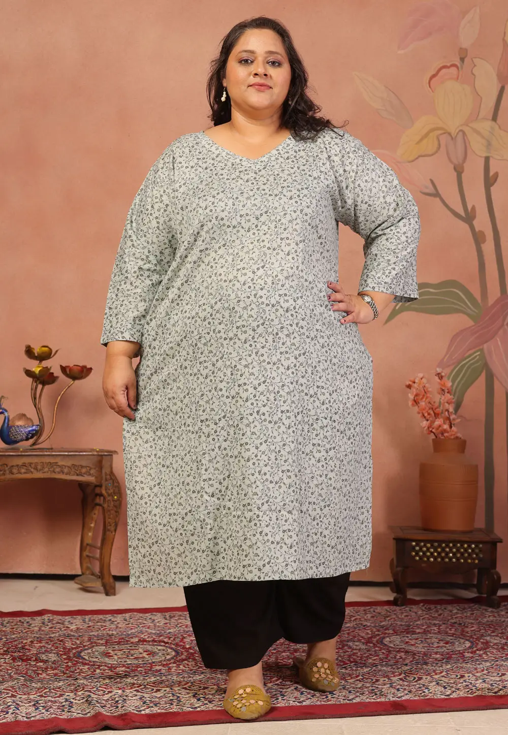 Grey Cambric Cotton Printed Long Kurti 336953