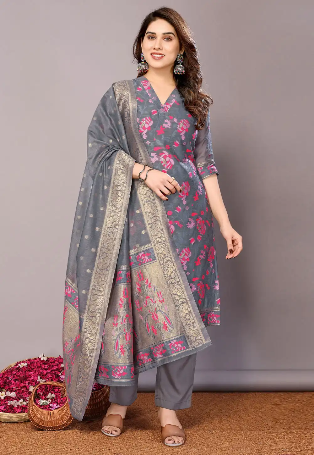 Dark Grey Chanderi Cotton Pant Salwar Suit