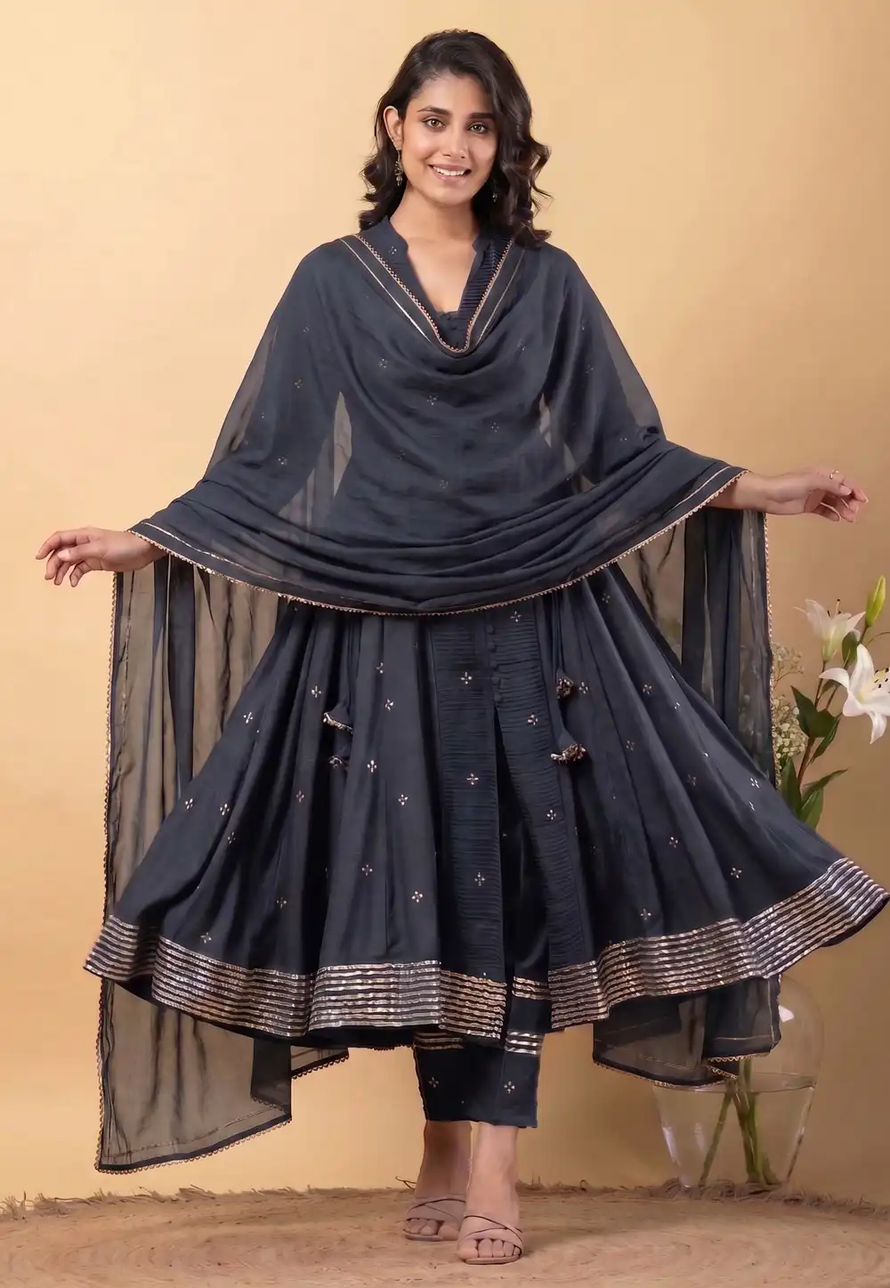 Grey Chanderi Readymade Anarkali Suit 328101