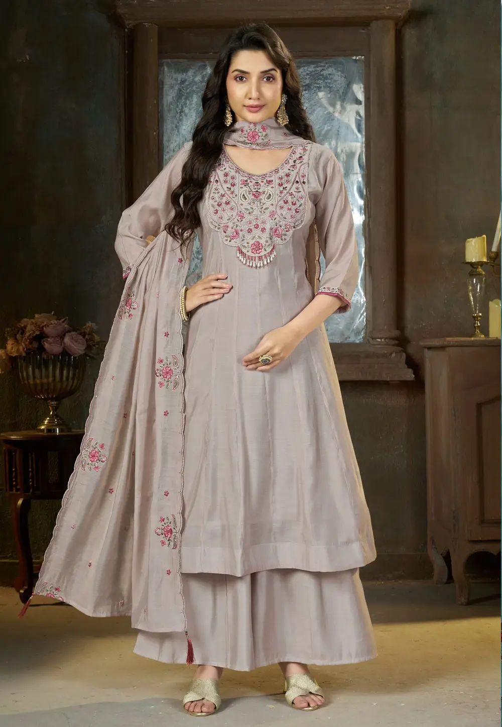Grey Chanderi Readymade Palazzo Suit 336646