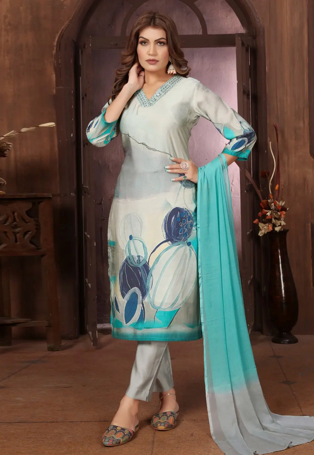 Grey Chanderi Readymade Pant Style Suit 331815