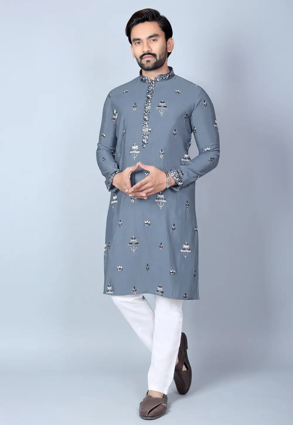 Grey Chanderi Silk Kurta Pajama 333386