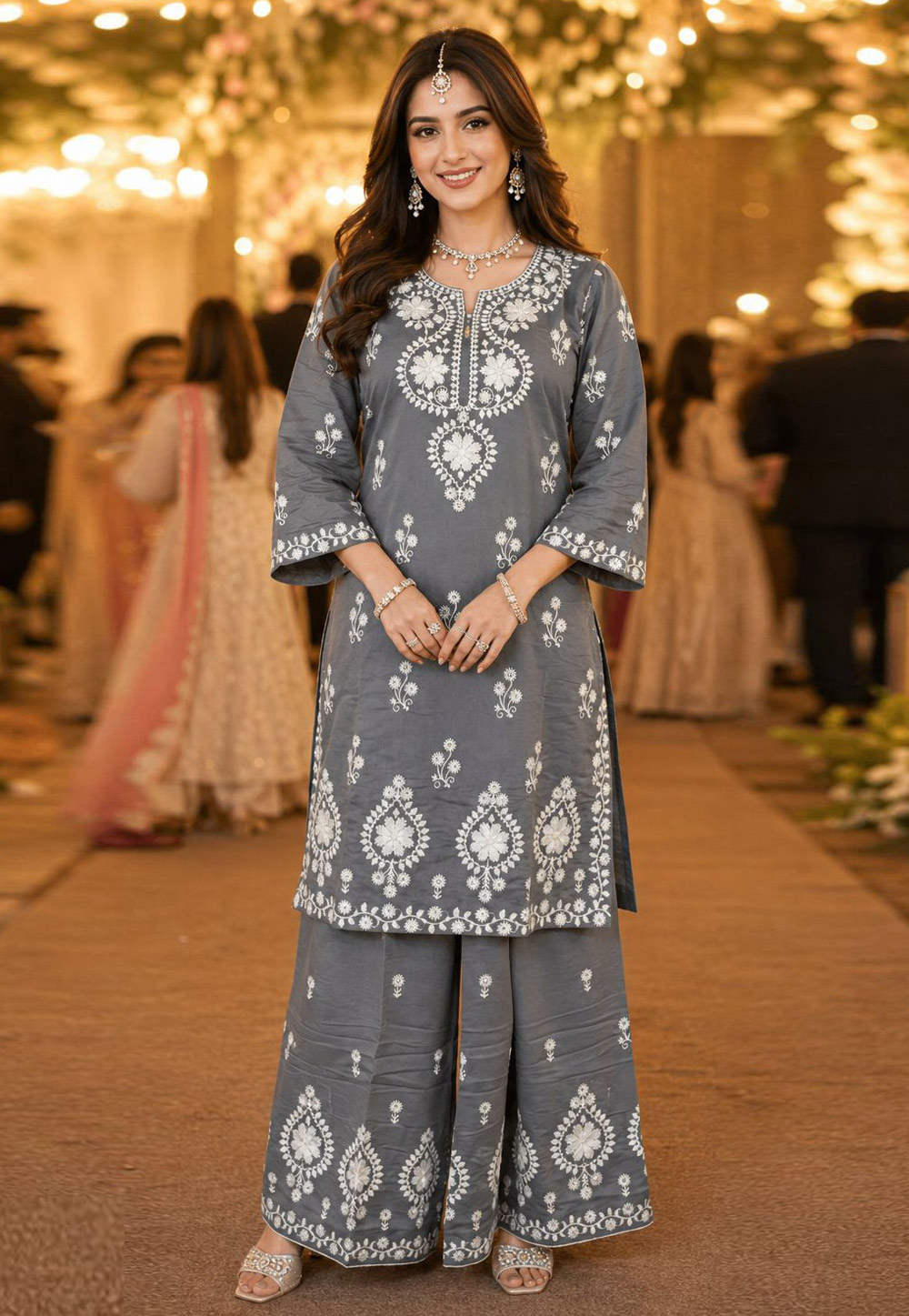 Grey Chanderi Silk Kurta Set With Palazzo 329707