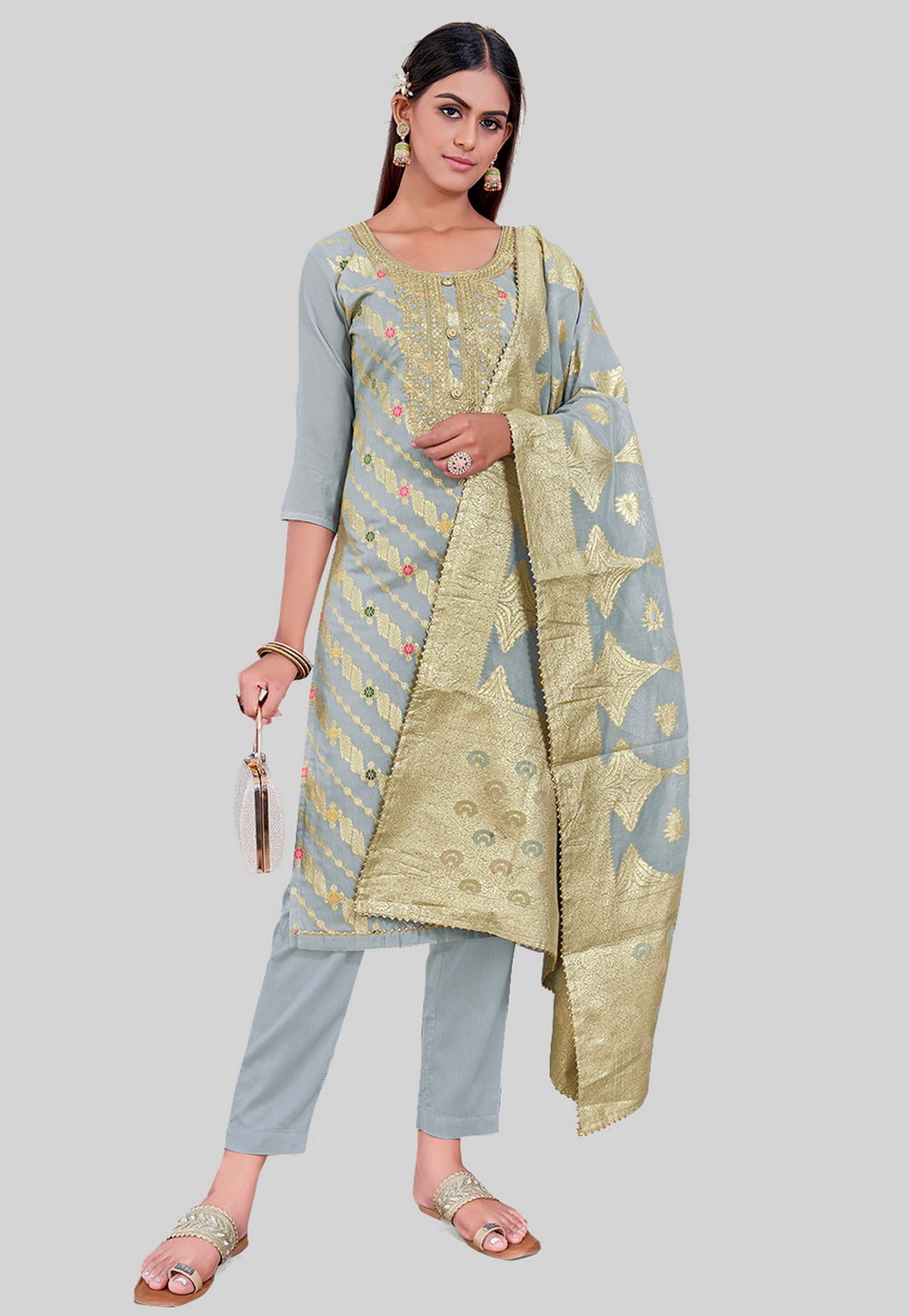 Grey Chanderi Silk Pant Style Suit 284461