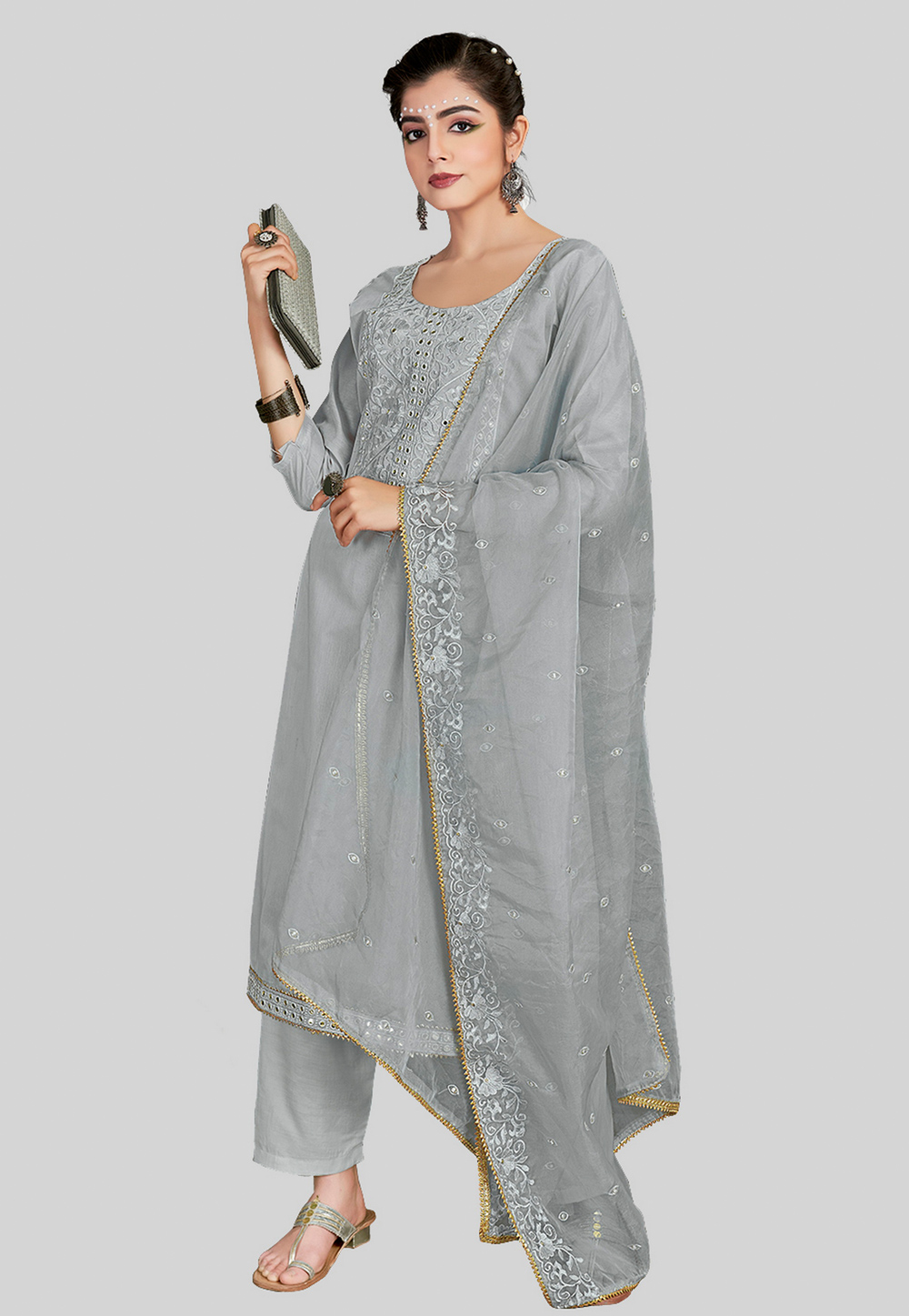 Grey Chanderi Silk Pant Style Suit 284596