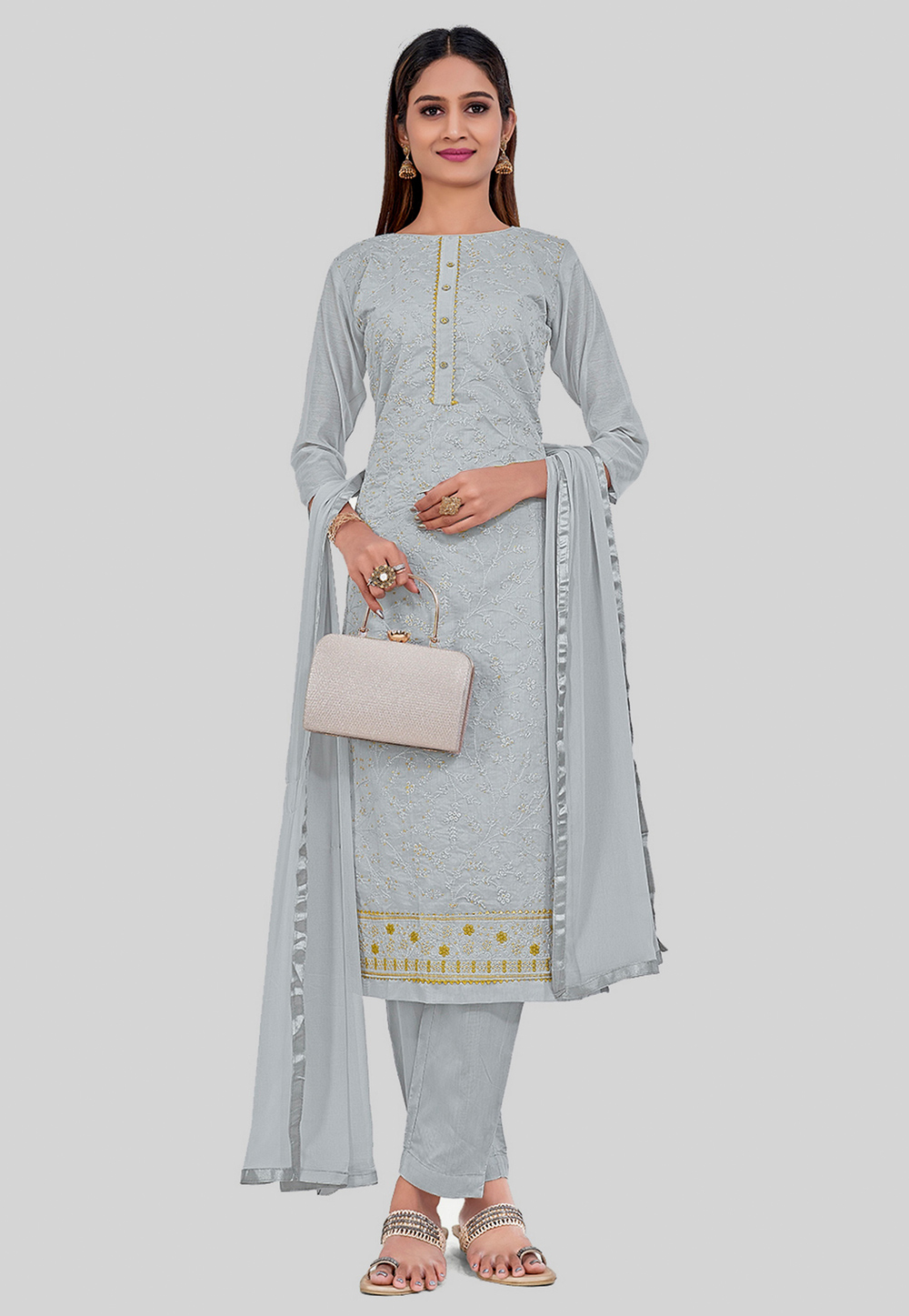 Grey Chanderi Silk Pant Style Suit 284771