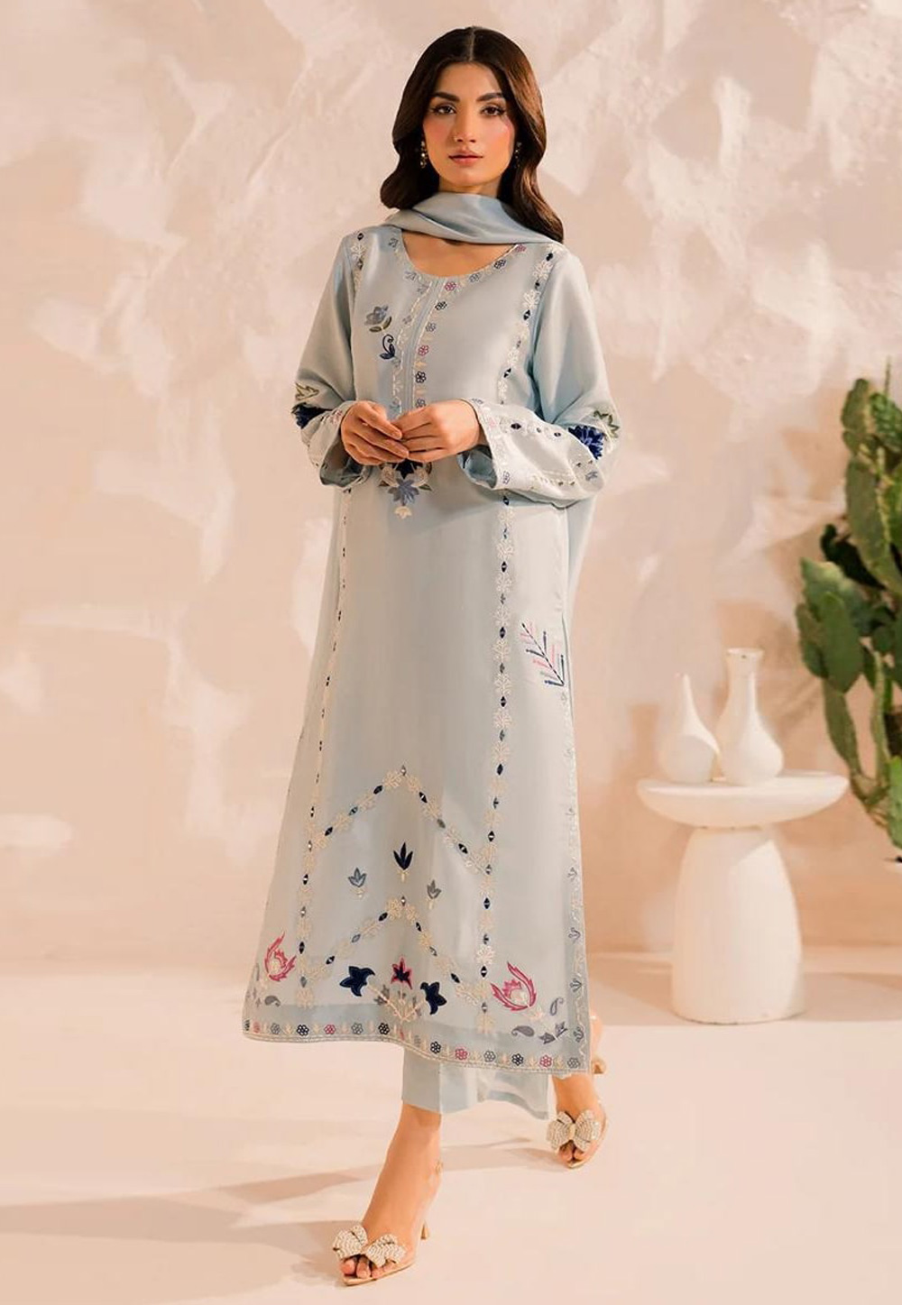 Grey Chanderi Silk Readymade Pakistani Suit 318512