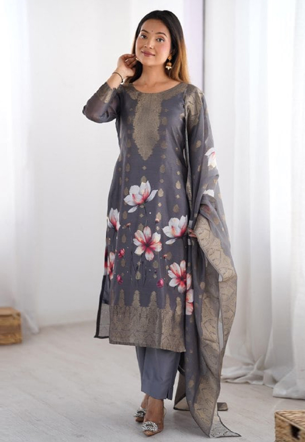 Grey Chanderi Silk Readymade Pant Style Suit 311358