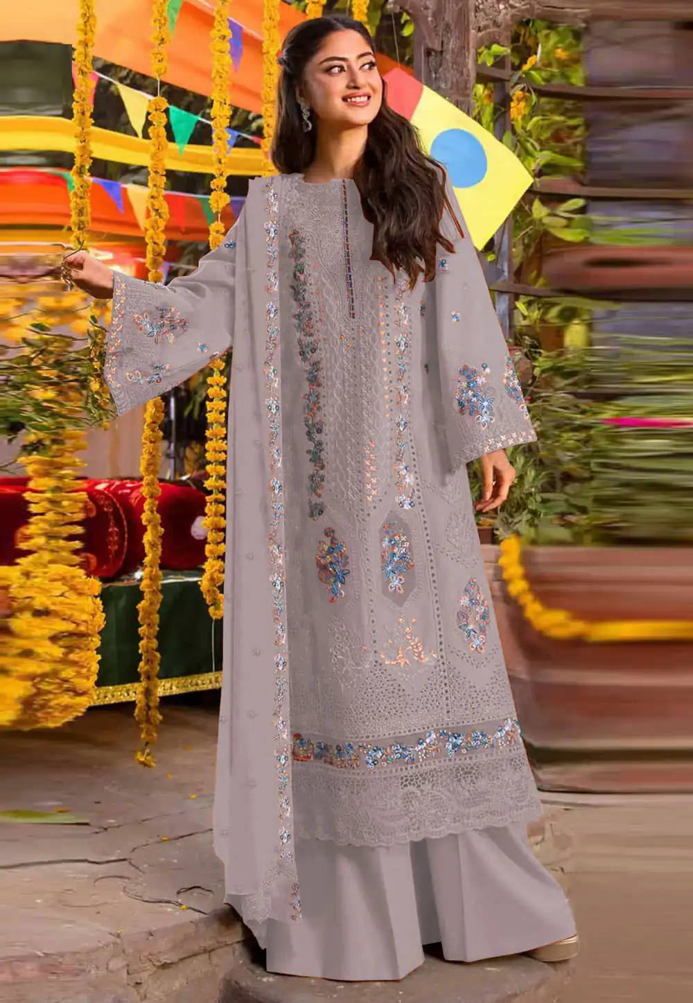 Grey Chiffon Embroidered Pakistani Suit 330101