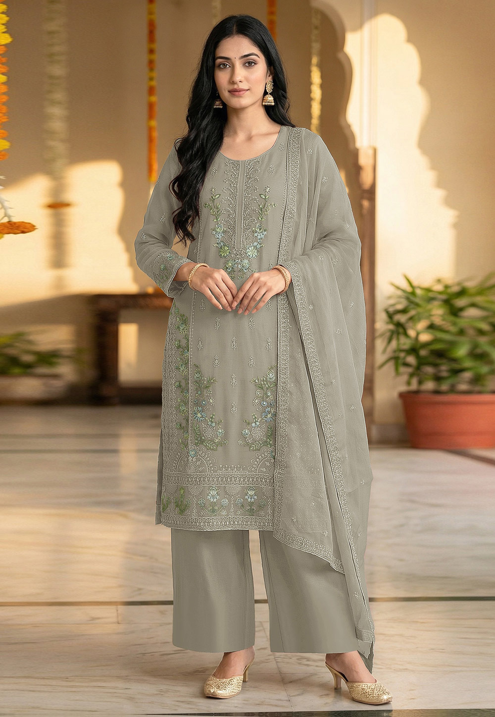 Grey Chiffon Pakistani Suit 329681