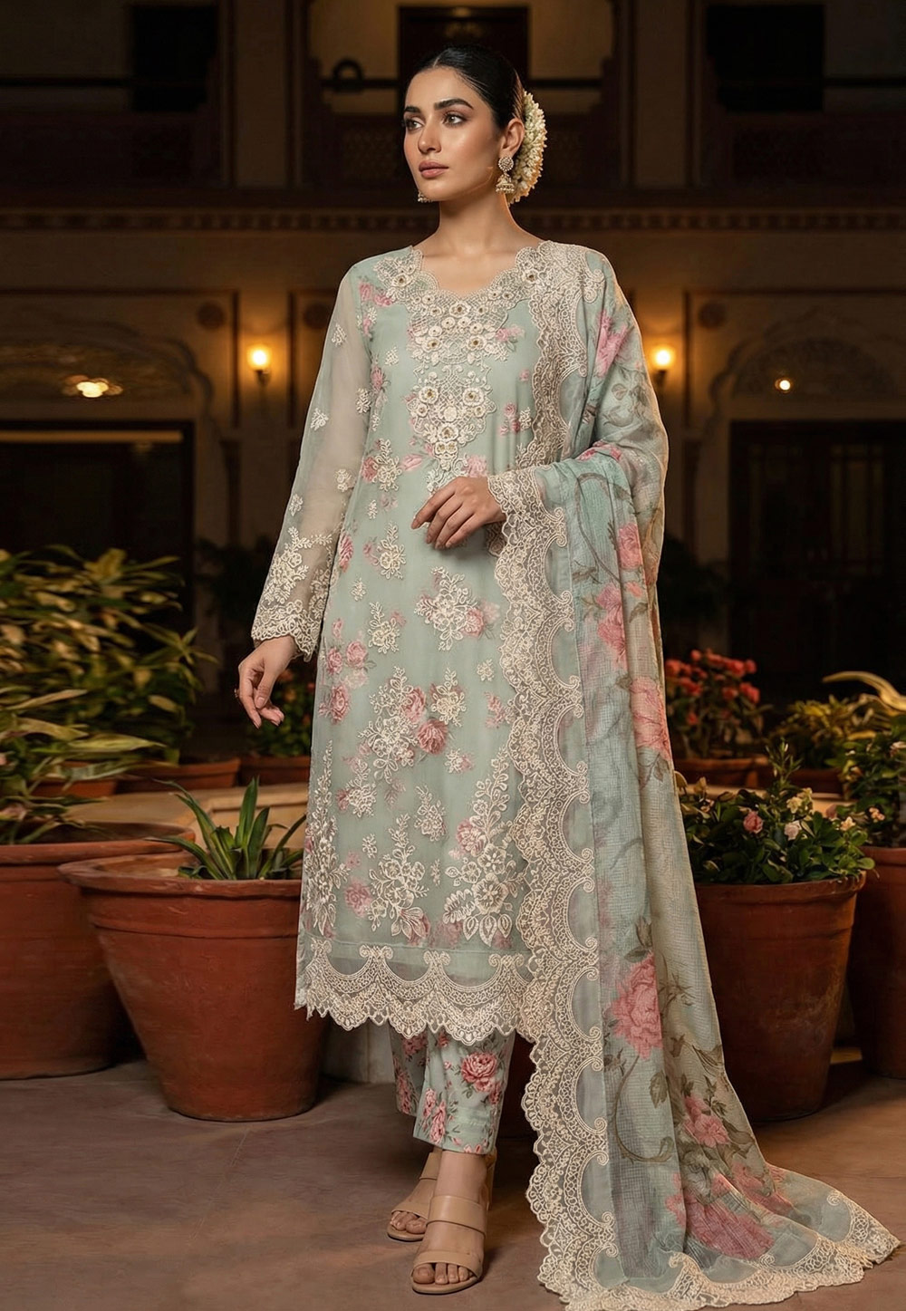 Grey Chiffon Pant Style Suit 327315