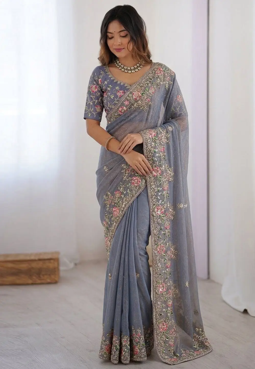 Grey Chiffon Saree With Blouse 334255