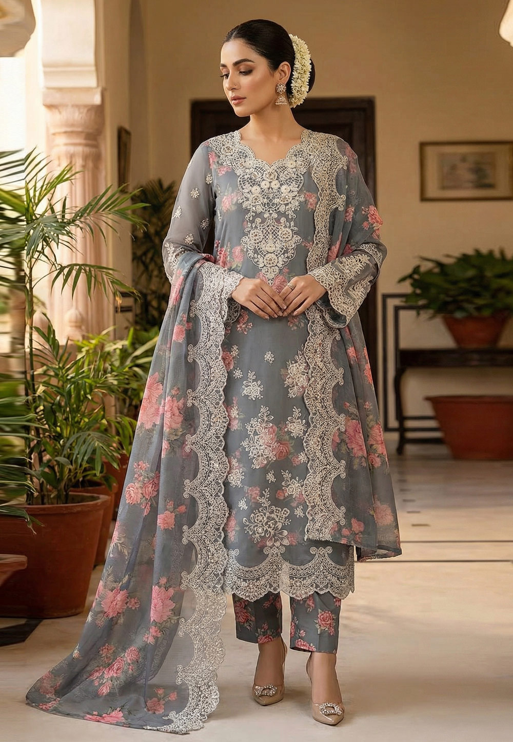 Grey Chiffon Straight Suit 326809