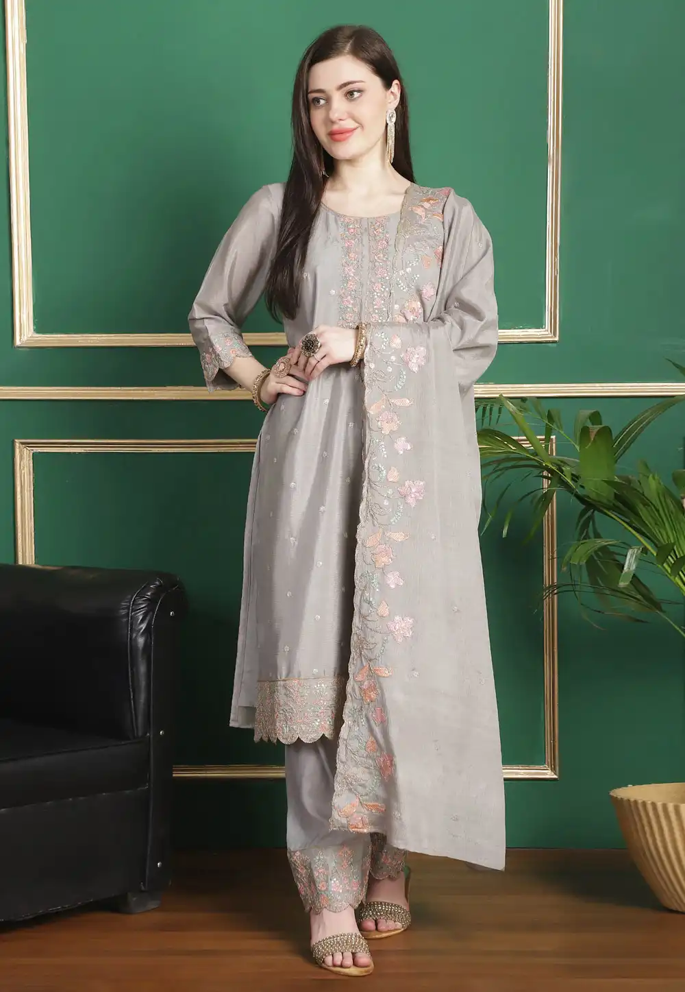 Grey Chinon Chiffon Pant Style Suit 309899